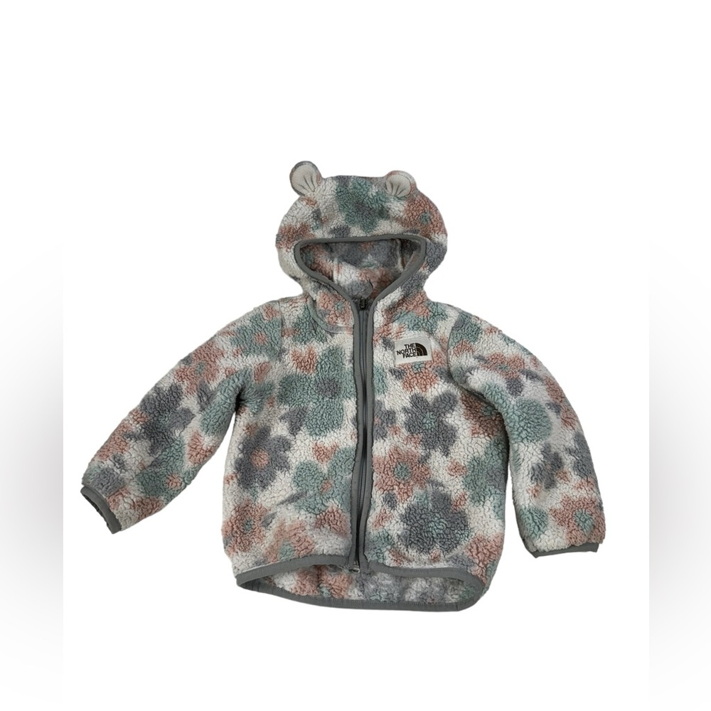 The North Face Infant Campshire Bear Hoodie size 12-18 months. Pink, grey, green